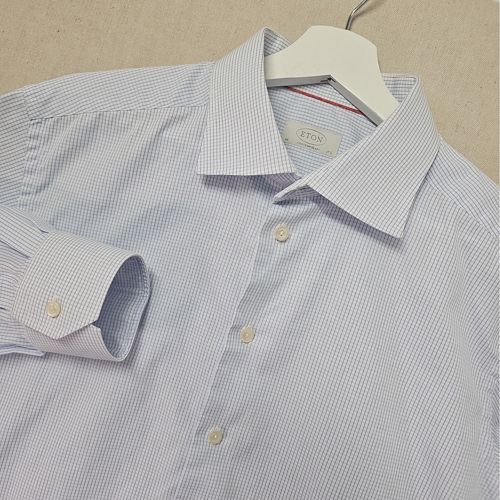 Eton Contemporary Shirt Men's 17.5 44 Blue Check Long Sleeve Button Dress Cotton
